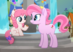 Size: 393x279 | Tagged: safe, derpibooru import, screencap, tulip bulb, tulip rose, earth pony, pony, g4, rainbow roadtrip, bow, coin, cropped, duo, female, filly, foal, fountain, grin, hope hollow, house, mare, mother and child, mother and daughter, outdoors, parent and child, raised hoof, raised leg, sitting, smiling, tail, tail bow, water