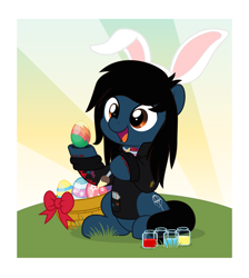 Size: 4477x5000 | Tagged: safe, artist:jhayarr23, derpibooru import, earth pony, pony, bring me the horizon, bunny ears, clothes, commission, easter, easter egg, egg, equestria girls ponified, happy, holiday, hoodie, hoof hold, lip piercing, long sleeves, male, oliver sykes, outdoors, paintbrush, piercing, ponified, sitting, solo, species swap, stallion, tattoo, underhoof, ych result