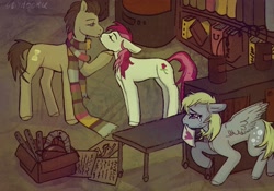 Size: 2388x1668 | Tagged: safe, artist:soudooku, derpibooru import, derpy hooves, doctor whooves, roseluck, earth pony, pegasus, book, bookshelf, clothes, crying, doctorrose, female, fourth doctor's scarf, heartbreak, kissing, laboratory, letter, love letter, male, sad, scarf, shipping, spread wings, straight, striped scarf, wings