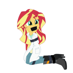 Size: 894x894 | Tagged: safe, artist:splendidbondage, derpibooru import, sunset shimmer, human, equestria girls, bondage, bound and gagged, gag, simple background, solo, tape, tape bondage, tape gag, tied up, transparent background