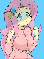 Size: 1668x2224 | Tagged: safe, alternate version, artist:batipin, derpibooru import, fluttershy, equestria girls, blue background, bocchi the rock!, breasts, clothes, cosplay, costume, female, hitori gotoh, hootershy, no pupils, simple background, solo, tracksuit