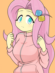 Size: 1668x2224 | Tagged: safe, alternate version, artist:batipin, derpibooru import, fluttershy, equestria girls, bocchi the rock!, breasts, clothes, cosplay, costume, female, hitori gotoh, hootershy, orange background, simple background, solo, tracksuit