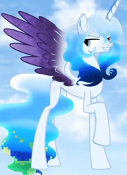 Size: 956x1320 | Tagged: artist needed, safe, derpibooru import, oc, oc only, oc:altersmay earth, alicorn, pony, alicornified, cloud, colored wings, commission, evil grin, grin, looking back, older altersmay earth, planet ponies, ponified, race swap, raised hoof, raised leg, sky, smiling, solo, species swap, wings, ych result