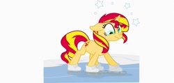 Size: 2277x1080 | Tagged: safe, derpibooru import, edit, edited screencap, screencap, sunset shimmer, pony, unicorn, season 1, winter wrap up, circling stars, derp, dizzy, female, ice skates, ice skating, mare, simple background, skates, smiling, solo, stars, wavy mouth, white background