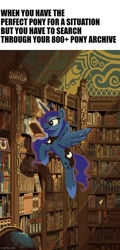 Size: 500x1041 | Tagged: safe, artist:boxwari, derpibooru import, edit, princess luna, alicorn, pony, book, bookshelf, caption, dithering, female, flying, image macro, levitation, magic, mare, meme, pixel art, reading, solo, telekinesis, text