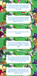 Size: 2048x4140 | Tagged: safe, derpibooru import, idw, applejack, king longhorn, rarity, sheriff tumbleweed, bull, earth pony, pony, unicorn, clothes, cloven hooves, cowboy hat, dialogue, dialogue box, dress, english, event, feather, female, gameloft, hairband, hat, horn, horns, idw showified, male, mare, mobile game, my little pony: magic princess, official, speech bubble, stallion, text, unshorn fetlocks, vest