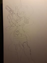 Size: 2448x3264 | Tagged: safe, artist:fuuby, derpibooru import, princess luna, anthro, plantigrade anthro, boots, clothes, epaulettes, female, gun, handgun, military uniform, shoes, sketch, solo, traditional art, uniform, weapon