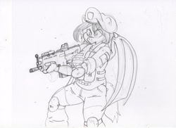 Size: 3510x2550 | Tagged: safe, derpibooru import, oc, oc only, oc:specter ace, anthro, bat pony, armor, beret, clothes, combat armor, fangs, female, fingerless gloves, fn scar, gloves, gun, hat, knee pads, military, military uniform, night guard, rifle, rolled up sleeves, sketch, solo, tactical vest, traditional art, uniform, weapon, wings