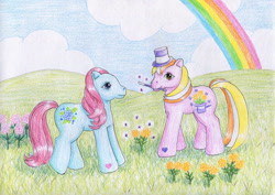 Size: 1062x752 | Tagged: safe, artist:normaleeinsane, derpibooru import, magic marigold, g3, flower, gardenia glow, hat, magic wand, marigold, rainbow, top hat