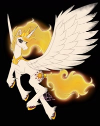 Size: 1440x1800 | Tagged: safe, artist:shackle_moon, derpibooru import, princess celestia, alicorn, pony, black background, concave belly, large wings, mane of fire, redesign, simple background, slim, solo, tall, thin, wings