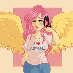 Size: 2000x2000 | Tagged: safe, artist:starsbursts, derpibooru import, fluttershy, butterfly, human, blushing, clothes, cute, denim, female, humanized, jeans, lipstick, makeup, pants, shirt, shyabetes, solo, t-shirt, winged humanization, wings