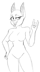 Size: 1116x1992 | Tagged: safe, artist:melodytheartpony, derpibooru import, oc, anthro, anthro oc, any species, closed hand, commission, hand on hip, looking at you, mischievous, pose, posing for photo, rock on, simple background, sketch, smiling, tongue, tongue out, white background, ych sketch, your character here