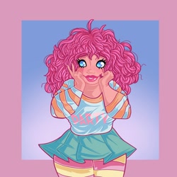 Size: 2000x2000 | Tagged: safe, artist:starsbursts, derpibooru import, pinkie pie, human, alternate hairstyle, clothes, cute, diapinkes, female, grin, humanized, lipstick, makeup, shirt, skirt, smiling, socks, solo, stockings, striped socks, thigh highs