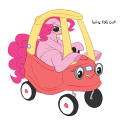 Size: 2000x2000 | Tagged: safe, artist:mclovin, derpibooru import, pinkie pie, earth pony, pony, cozy coupe, female, frog (hoof), little tikes, mare, palindrome get, solo, sunglasses, underhoof