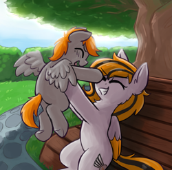 Size: 1987x1960 | Tagged: safe, artist:rivibaes, derpibooru import, oc, oc only, oc:feather river, pegasus, bench, colt, commission, eyes closed, female, foal, male, mother and child, parent and child, smiling, tree, upsies, ych result