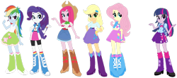 Size: 1024x455 | Tagged: safe, artist:pdorothynics, derpibooru import, applejack, fluttershy, pinkie pie, rainbow dash, rarity, twilight sparkle, equestria girls, magical mystery cure, clothes swap, eqg promo pose set, equestria girls-ified, magical mystery cure 10th anniversary, mane six, pinkamena diane pie, simple background, swapped cutie marks, transparent background, what my cutie mark is telling me