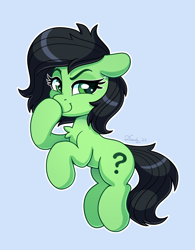 Size: 1830x2343 | Tagged: safe, artist:dandy, derpibooru import, oc, oc only, oc:anon filly, earth pony, pony, boop, chest fluff, ears, earth pony oc, female, filly, floppy ears, foal, high res, looking at you, nose wrinkle, self-boop, simple background, smiling, smirk, smug, solo
