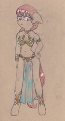 Size: 1536x2849 | Tagged: safe, artist:foxtrot3, derpibooru import, oc, oc:hazel, anthro, earth pony, unguligrade anthro, slave, slave leia outfit, traditional art