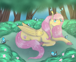 Size: 4000x3250 | Tagged: safe, artist:palindromegrace, derpibooru import, fluttershy, butterfly, pegasus, pony, female, forest, nature, solo