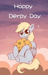 Size: 542x845 | Tagged: safe, artist:jaanhavi, derpibooru import, derpy hooves, pegasus, pony, derpy day, female, food, giant muffin, looking at you, mare, muffin, on a cloud, sitting, sitting on cloud, smiling, smiling at you, solo