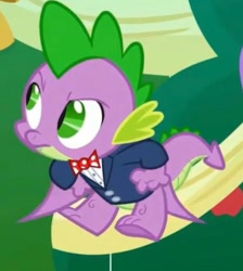 Size: 1425x1590 | Tagged: safe, derpibooru import, screencap, spike, dragon, the big mac question, annoyed, banner, bowtie, clothes, cropped, floating, flying, formal wear, solo, suit, sweet apple acres, tree, tuxedo, winged spike, wings