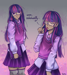 Size: 1800x2000 | Tagged: safe, artist:darin33, derpibooru import, twilight sparkle, human, book, clothes, female, freckles, glasses, humanized, skirt, solo, tan skin, zettai ryouiki