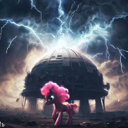 Size: 1024x1024 | Tagged: safe, derpibooru import, machine learning generated, pinkie pie, lightning, prompter:pizza split, thunder