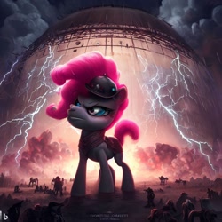 Size: 1024x1024 | Tagged: safe, derpibooru import, machine learning generated, pinkie pie, lightning, nightmare fuel, prompter:pizza split, thunder