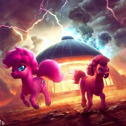 Size: 1024x1024 | Tagged: safe, derpibooru import, machine learning generated, pinkie pie, lightning, prompter:pizza split, running, thunder