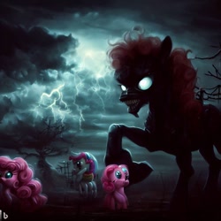 Size: 1024x1024 | Tagged: safe, derpibooru import, machine learning generated, pinkie pie, monster pony, horror, lightning, nightmare fuel, prompter:pizza split