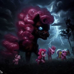 Size: 1024x1024 | Tagged: safe, derpibooru import, machine learning generated, pinkie pie, monster pony, horror, lightning, nightmare fuel, prompter:pizza split