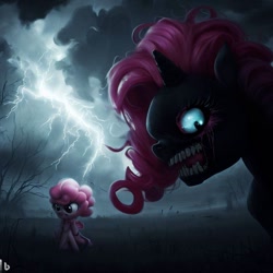 Size: 1024x1024 | Tagged: safe, derpibooru import, machine learning generated, pinkie pie, monster pony, horror, lightning, nightmare fuel, prompter:pizza split