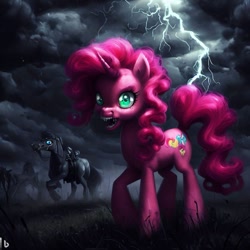 Size: 1024x1024 | Tagged: safe, derpibooru import, machine learning generated, pinkie pie, horse, monster pony, horror, lightning, nightmare fuel, prompter:pizza split