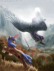 Size: 723x941 | Tagged: safe, artist:rover_and_over, derpibooru import, oc, oc only, pegasus, pony, unicorn, duo, horn, pegasus oc, scenery, sword, unicorn oc, weapon