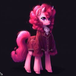 Size: 1024x1024 | Tagged: safe, derpibooru import, machine learning generated, pinkie pie, demon, demon pony, dark background, horn, prompter:pizza split, religion, solo