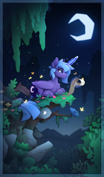 Size: 1430x2440 | Tagged: safe, artist:yakovlev-vad, derpibooru import, princess luna, alicorn, butterfly, pony, cliff, crescent moon, female, forest, glowing, glowing horn, horn, lidded eyes, lying down, magic, mare, moon, reading, s1 luna, scenery, scroll, solo, telekinesis