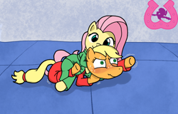 Size: 1006x643 | Tagged: safe, artist:author92, derpibooru import, applejack, fluttershy, earth pony, pegasus, pony, chokehold, clothed ponies, clothes, dougi, gi, leg lock, martial arts, pinned, red face, smiling