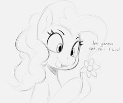 Size: 908x763 | Tagged: safe, artist:tre, derpibooru import, pinkie pie, earth pony, pony, dialogue, female, flower, holding something, horses doing horse things, looking at something, mare, monochrome, open mouth, sketch, solo