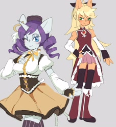 Size: 3000x3300 | Tagged: safe, artist:exxi00, derpibooru import, applejack, rarity, anthro, earth pony, unicorn, anime, bow, clothes, cosplay, costume, duo, kyouko sakura, magical girl, mami tomoe, one eye closed, puella magi madoka magica, simple background, skirt, smiling, wink