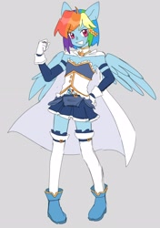 Size: 2224x3154 | Tagged: safe, artist:exxi00, derpibooru import, rainbow dash, anthro, pegasus, anime, clothes, cosplay, costume, magical girl, puella magi madoka magica, sayaka miki, simple background, skirt, smiling, solo, standing, wings