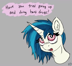 Size: 1456x1346 | Tagged: safe, artist:reddthebat, derpibooru import, dj pon-3, vinyl scratch, pony, unicorn, bust, dialogue, ear fluff, ears, female, gray background, mare, missing accessory, no glasses, signature, simple background, solo, speech bubble, talking to viewer