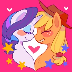 Size: 1280x1280 | Tagged: safe, artist:wr1111111, derpibooru import, applejack, rarity, earth pony, pony, unicorn, blushing, bust, clothes, duo, female, freckles, heart, lesbian, rarijack, shipping, smiling