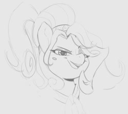 Size: 843x753 | Tagged: safe, artist:tre, derpibooru import, cherry jubilee, earth pony, pony, beauty mark, bow, bust, dreamworks face, eyeshadow, female, looking at you, makeup, mare, monochrome, open mouth, ponytail, solo, squint