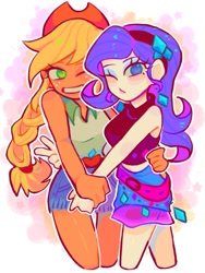 Size: 1125x1500 | Tagged: safe, artist:wr1111111, derpibooru import, applejack, rarity, human, equestria girls, clothes, duo, female, lesbian, looking at you, one eye closed, peace sign, rarijack, shipping, skirt, sleeveless, smiling, wink