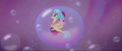 Size: 1600x670 | Tagged: safe, derpibooru import, screencap, pinkie pie, princess skystar, seapony (g4), my little pony: the movie, bubble, dancing, duo, female, in bubble, one small thing, pinkie pie trapped in a bubble, seaponified, seapony pinkie pie, species swap, underwater, water
