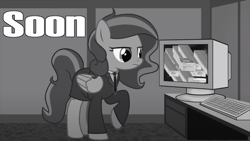 Size: 1280x720 | Tagged: safe, artist:drwolf001, derpibooru import, oc, oc only, oc:ilovekimpossiblealot, pegasus, pony, clothes, computer, cubicle, error message, female, folded wings, frown, grayscale, green inferno part 2, mare, monochrome, necktie, pegasus oc, raised hoof, raised leg, solo, suit, suit and tie, text, tf2 analysis anarchy, time skip, wings, youtube link