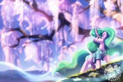 Size: 2528x1701 | Tagged: safe, artist:colorfulcolor233, derpibooru import, mistmane, pony, unicorn, clothes, curved horn, female, high res, horn, mare, robe, scenery, signature, smiling, solo, tree