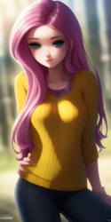 Size: 1536x3072 | Tagged: safe, derpibooru import, generator:purplesmart.ai, generator:stable diffusion, machine learning generated, fluttershy, human, clothes, denim, female, humanized, jeans, looking at you, pants, solo, sweater, uncanny valley