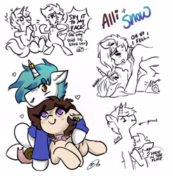 Size: 3187x3237 | Tagged: safe, artist:opalacorn, derpibooru import, oc, oc only, oc:allicoot, oc:snowy blue, earth pony, pony, unicorn, bipedal, chest fluff, choker, clothes, commission, cuddling, ear piercing, earring, female, hoodie, horn, horn ring, jewelry, lying down, male, mare, oc x oc, on back, piercing, pinned, prone, ring, shipping, simple background, snail, spiked choker, stallion, straight, white background