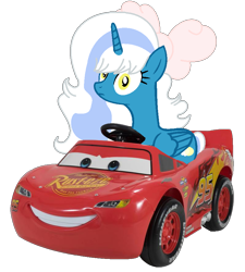 Size: 800x890 | Tagged: safe, artist:santi0095, derpibooru import, oc, oc only, oc:fleurbelle, alicorn, pony, alicorn oc, bow, car, female, golden eyes, hair bow, horn, lightning mcqueen, mare, simple background, solo, transparent background, wings